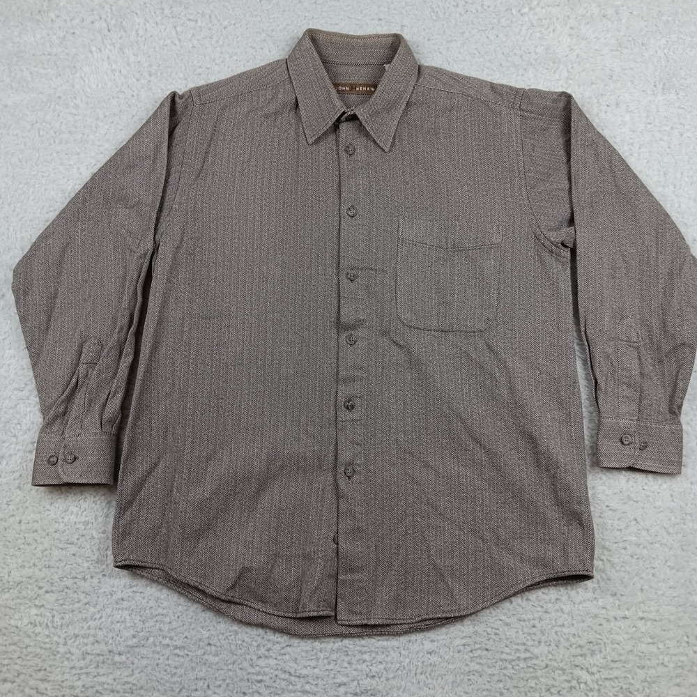 John Henry Button Down Shirt Mens L Brown Herringbone Cotton Long Sleeve